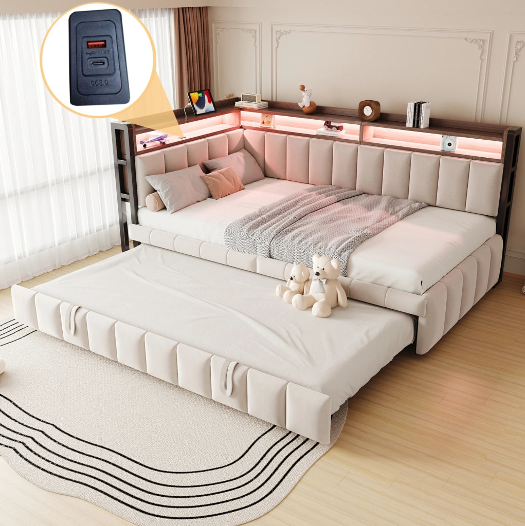 Divano letto multifunzionale 90x200 cm in velluto beige con letto estraibile; LED e USB