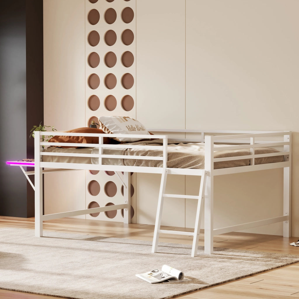 Letto a soppalco 140 × 200 cm con scrivania pieghevole, LED, sponde e scala, senza materasso, bianco