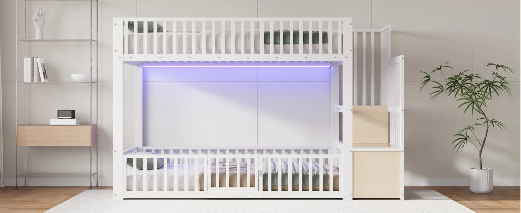 Letto a Castello 90x200 in Metallo Bianco con Scala Contenitore e LED Integrati
