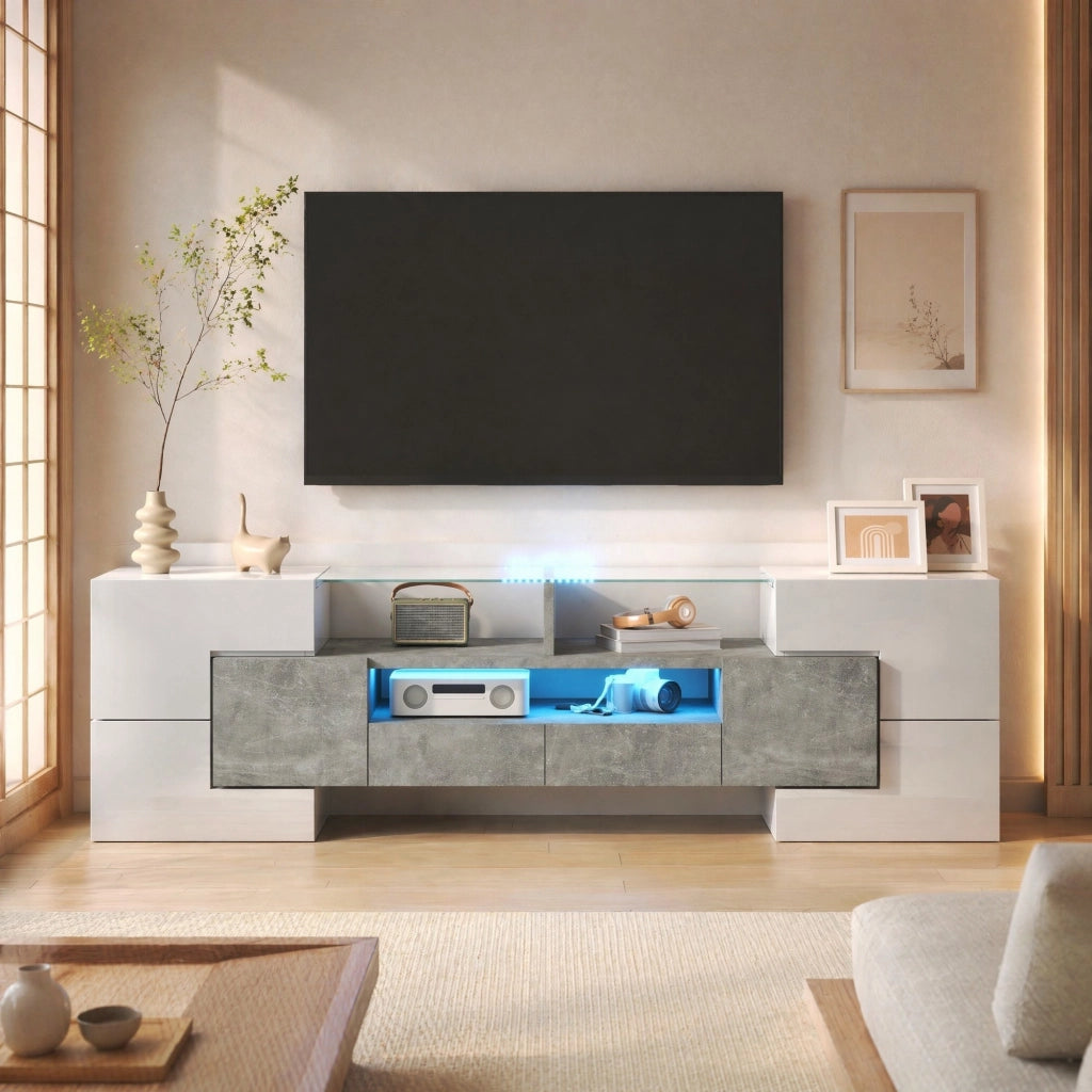Mobile TV moderno bianco lucido con LED, 145 cm, 6 ante, 2 cassetti e 3 vani