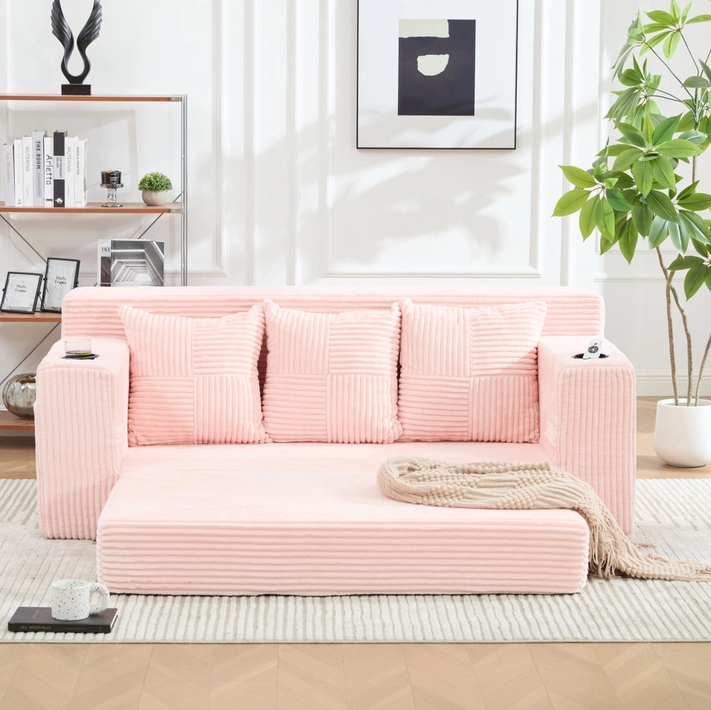 Divano modulare a 2 posti in velluto a coste rosa; 172 x 87 x 64 cm; con porta bicchieri e tasche laterali