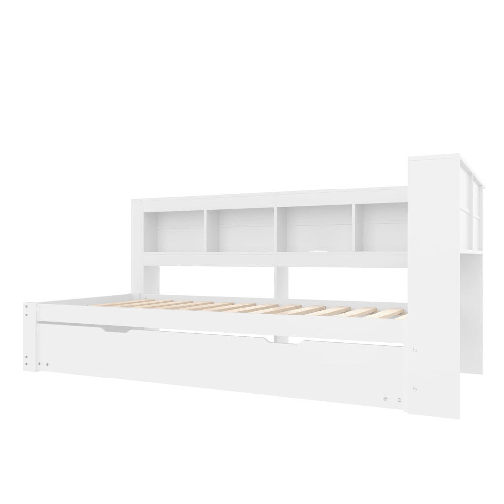 Daybed 90x200 cm con letto estraibile, prese e 2 porte USB, bianco