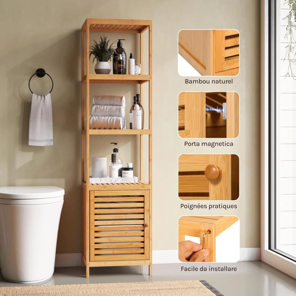 Armadio da Bagno in Bambù, Mobile da Bagno Alto e Stretto con Porta a Battente, 4 Ripiani Aperti, Scaffale Angolare Indipendente, 36x33x140cm