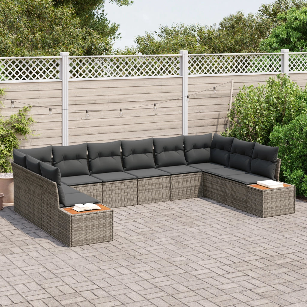 Set di Divani da Giardino 10 Pezzi con Cuscini Grigio Polyrattan Acacia