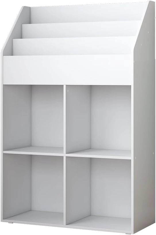 Libreria bambini Conny, Bianco, 72 x 111 cm con 4 ripiani per scatole pieghevoli, adatto per riporre giocattoli e libri