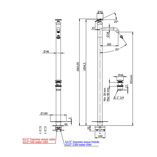 Miscelatore lavabo da terra con scarico click-clack con troppo pieno - serie Chrone