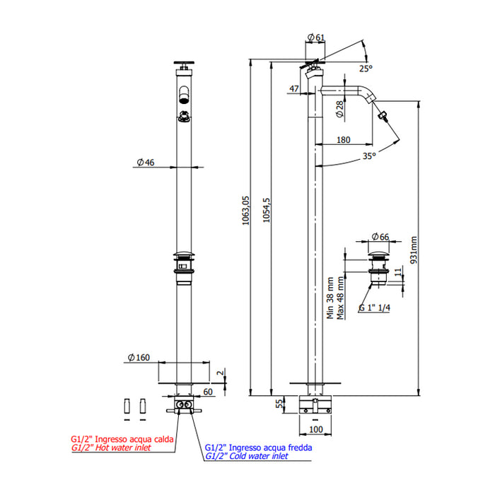 Miscelatore lavabo da terra con scarico click-clack con troppo pieno - serie Chrone
