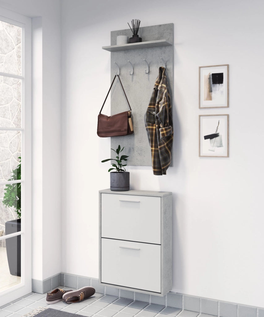 Set Ingresso Salvaspazio con Scarpiera 2 Ribalte e Appendiabiti da Parete con Mensola Mobile Ingresso Moderno Soggiorno Portascarpe Giacche 54 x 73 x 18 Cm Bianco E Grigio Cemento