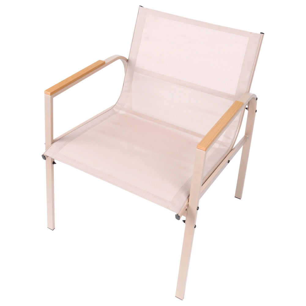 Set da giardino beige in acciaio verniciato a polvere, 4 posti con poltrone e tavolino in vetro, set da conversazione da esterno dal design moderno