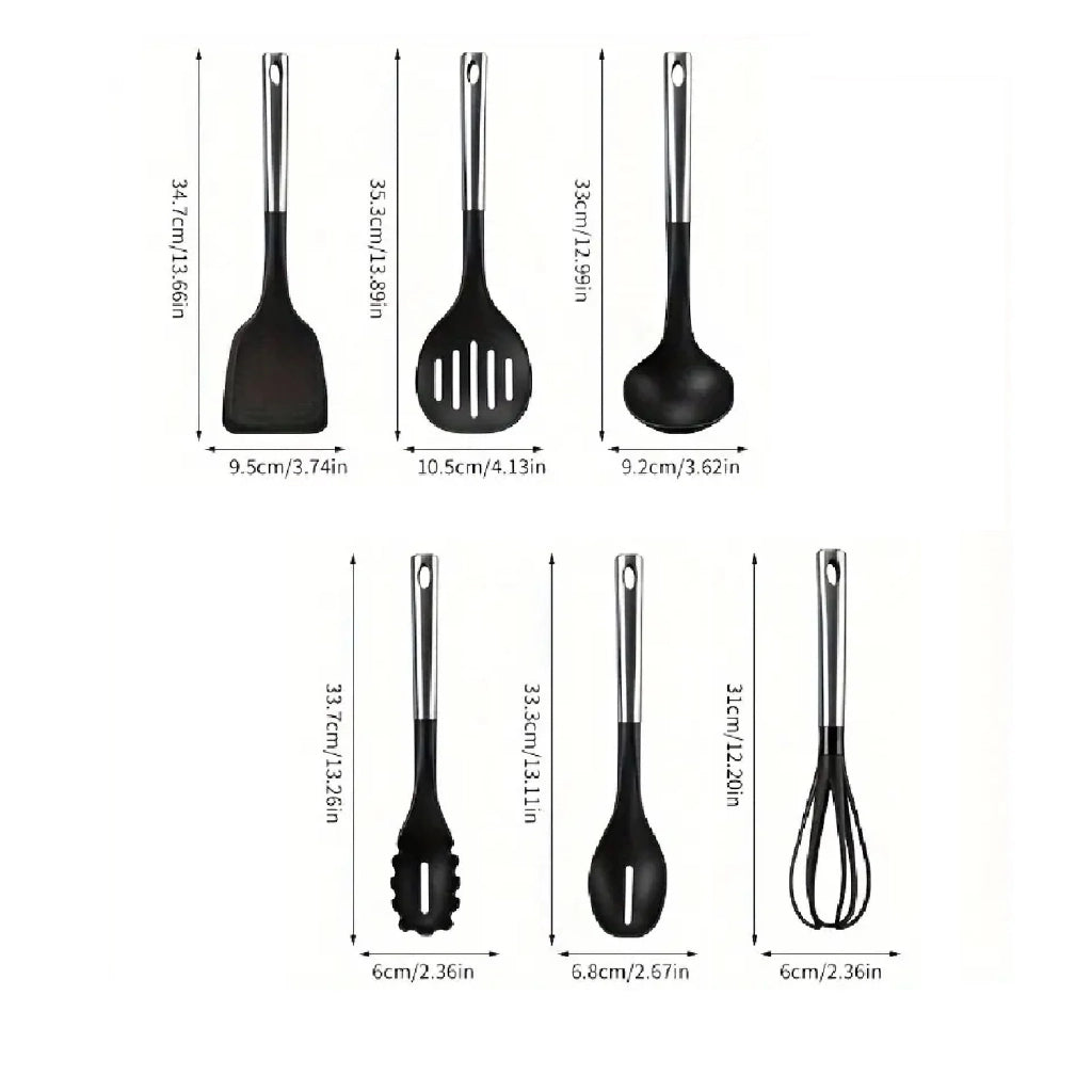 Utensili da Cucina 6pz in Acciaio e Nylon Non Graffiano Antiaderenti Nero Cromo