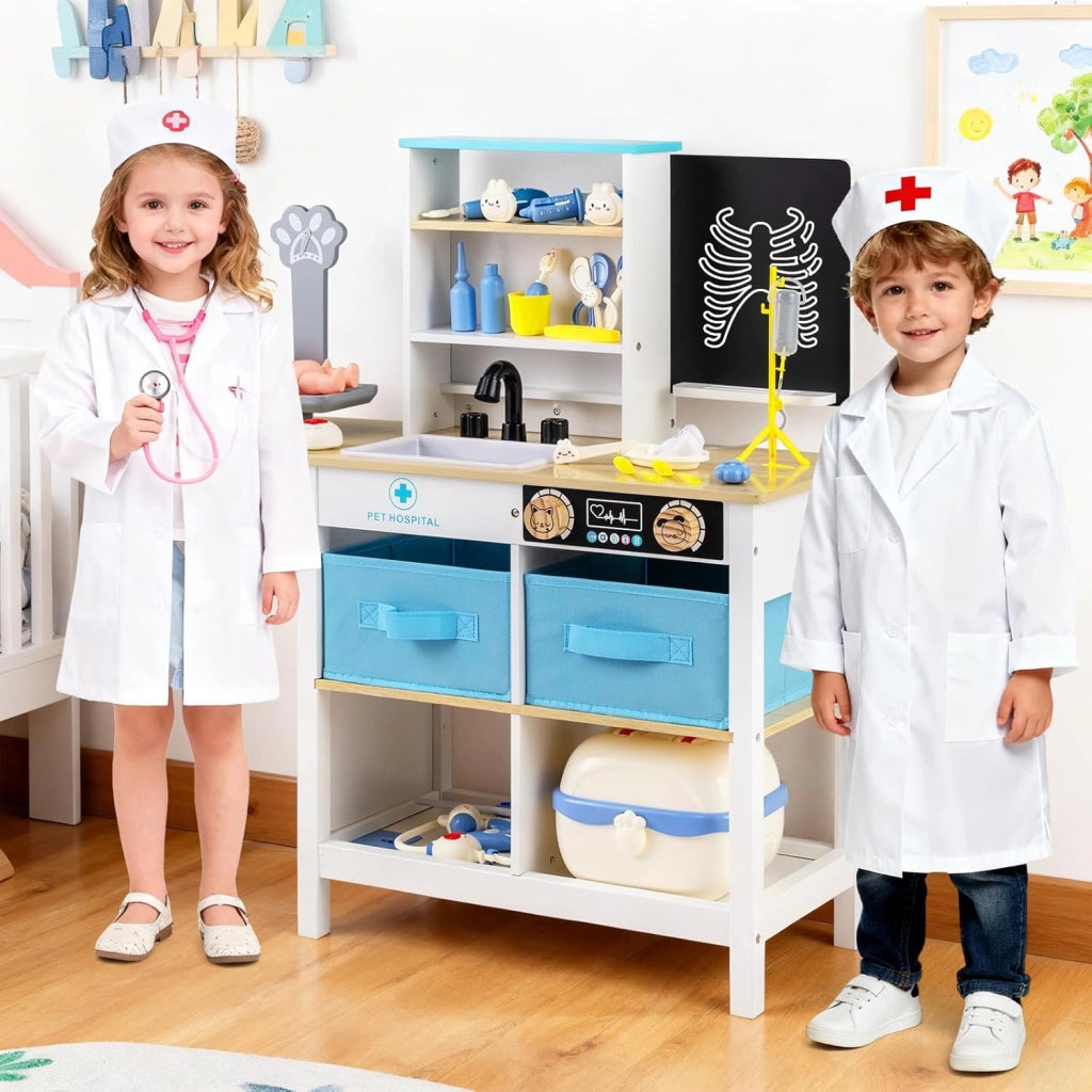 Kit Medico Giocattolo in Legno, Centro Veterinario Pieghevole con Bilancia Animali e 22 Accessori, Gioco Educativo Simulazione Dottore, Regalo per Bambini 3-6 Anni (Bianco)