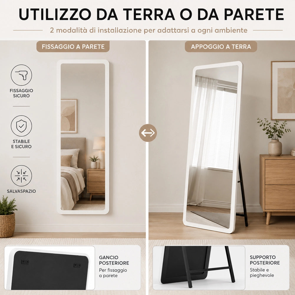 Specchio Doppia Installazione Bianco Parete o Indipendente Moderno 160x50 cm