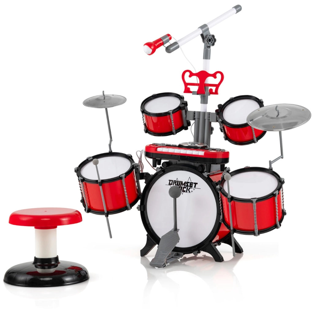 Batteria per bambini 3+ anni con sgabello microfono leggio tastiera, Batteria jazz per bambini Rossa