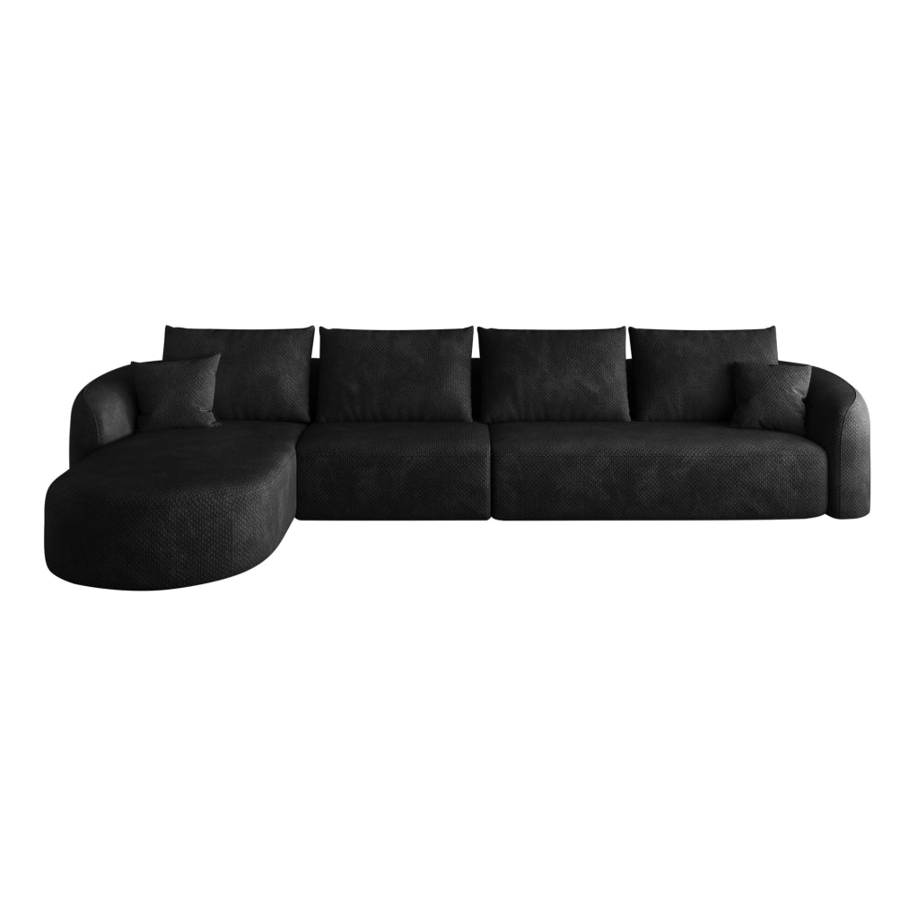 Divano angolare a L modulare 336x168 cm in tessuto di ciniglia nero