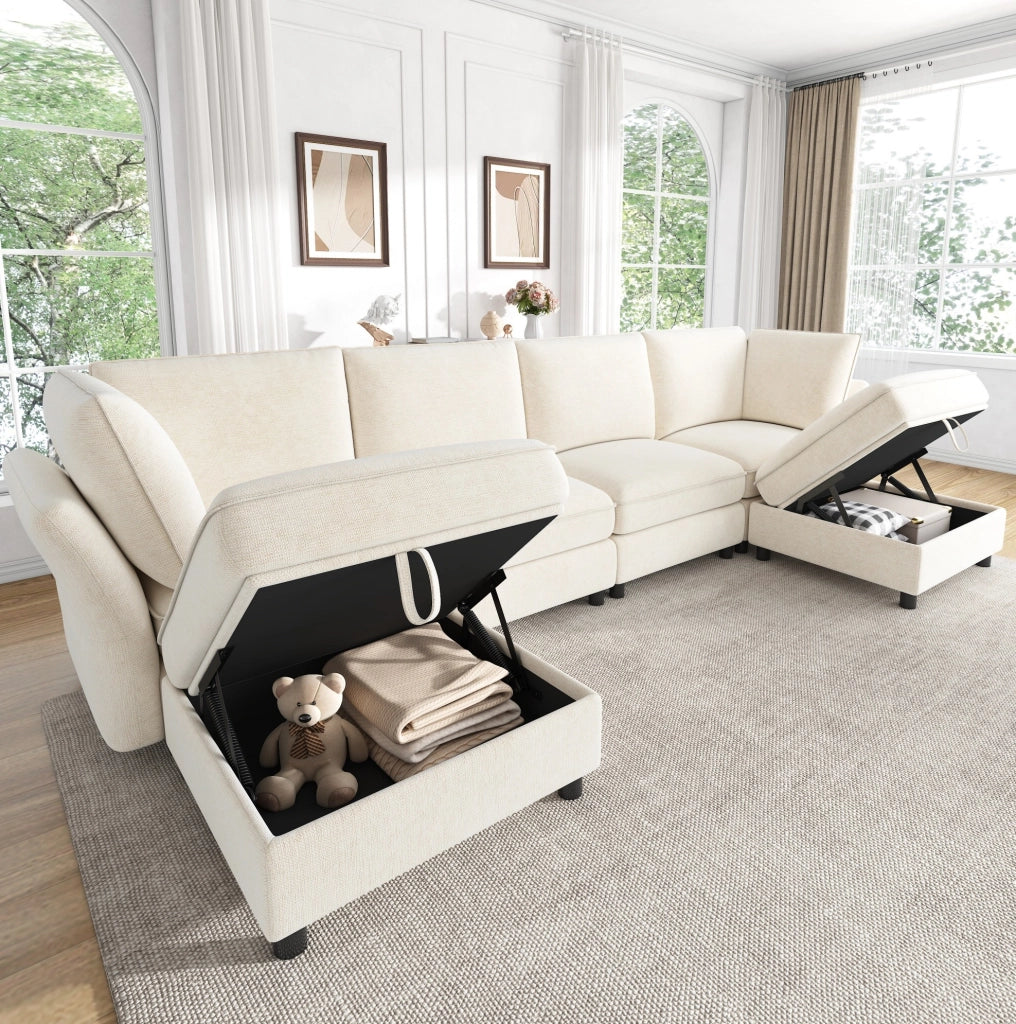 Divano modulare 6 posti U/L in ciniglia beige con 2 pouf contenitore