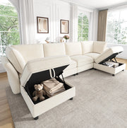 Divano modulare 6 posti U/L in ciniglia beige con 2 pouf contenitore