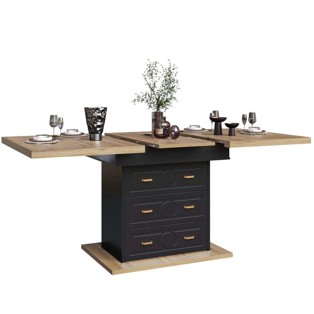 Tavolo da pranzo 110x80x75 cm estendibile con cassetti e vano con chiusura magnetica in MDF e metallo naturale
