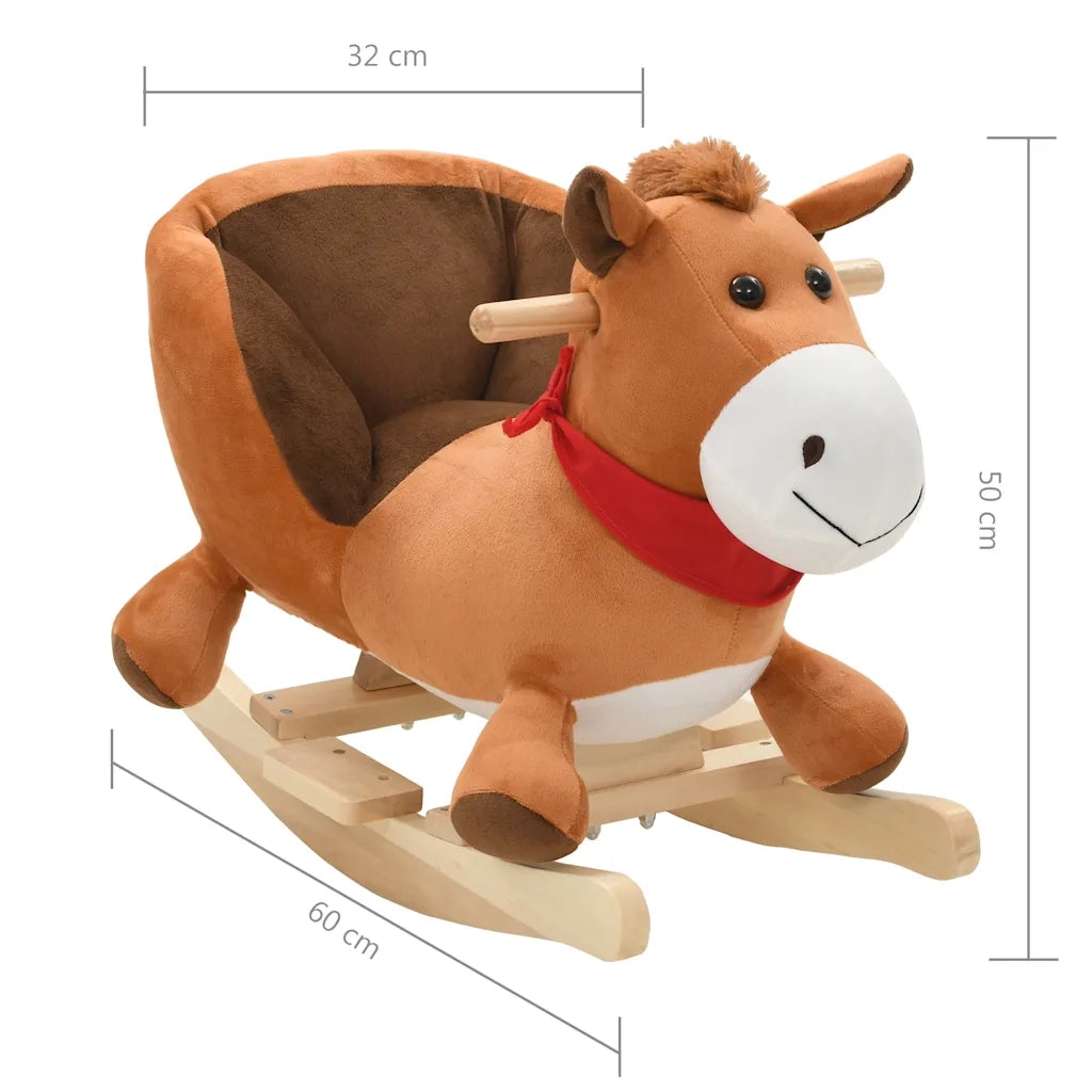 Cavallo a Dondolo con Schienale in Peluche 60x32x50 cm Marrone 80221