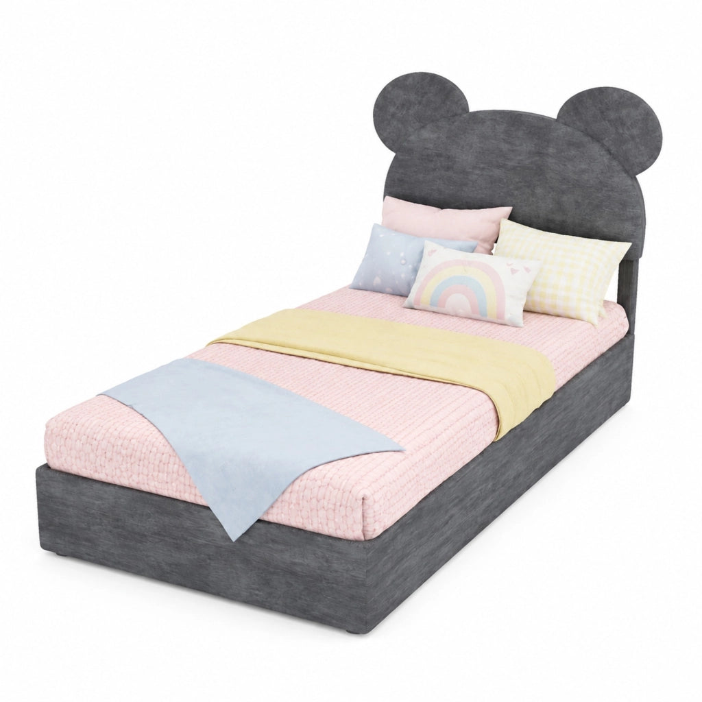 Letto imbottito 90x200 cm con contenitore a sollevamento pneumatico; tessuto e metallo; grigio