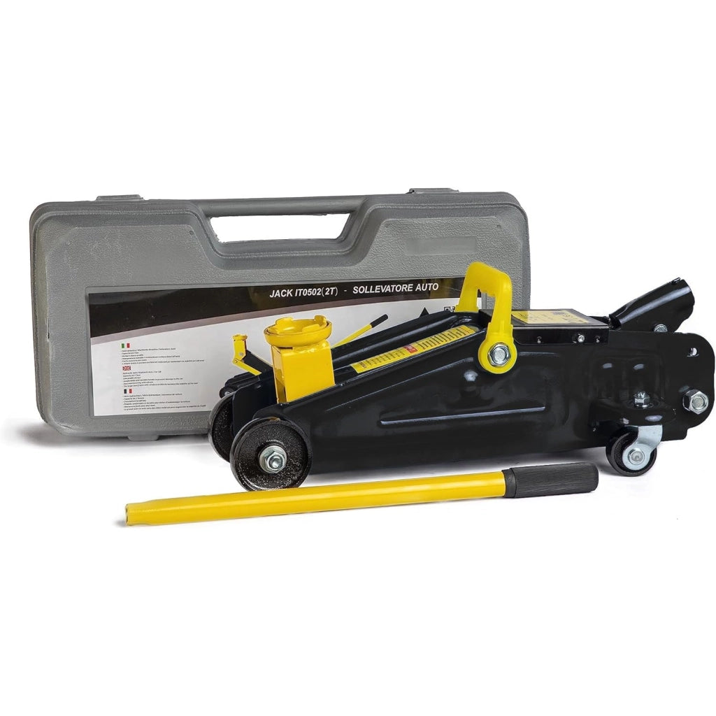 Cric Sollevatore Idraulico Per Auto Martinetto 2t Ruote Bidirezionali A Cuscinetto Assetto Ribassato Professionale Per Veicoli Auto Moto Con Valigetta Nero E Giallo