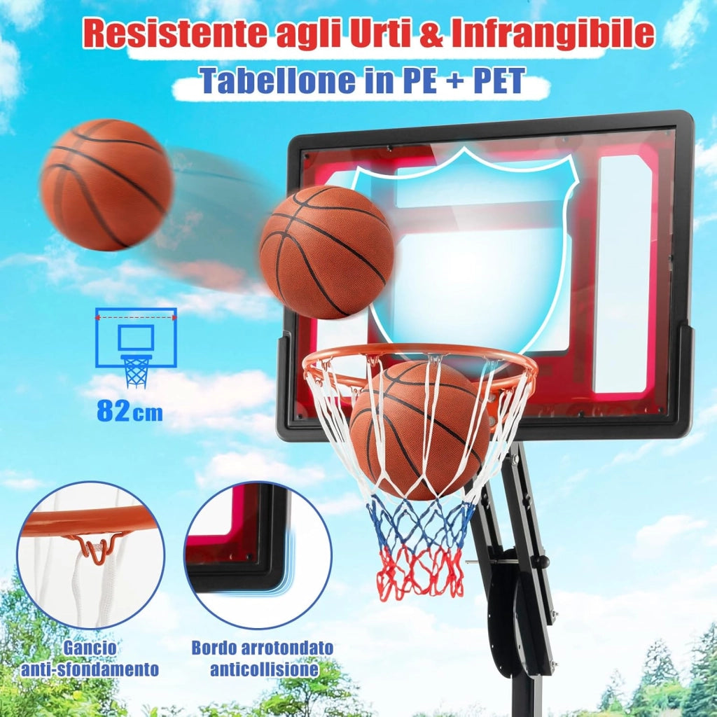 Canestro da Basket da Esterno ed Interno, Canestro da Basket Regolabile a 10 Livelli e Portatile, con Tabellone da 82cm, 2 Ruote e Borsa, per Tutte le Condizioni Atmosferiche