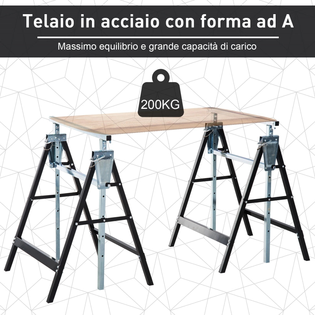 EasyComfort Set 2 Cavalletti da Lavoro Pieghevoli Portata 200 kg, Altezza Regolabili 80-130 cm, Cavalletti Telescopici Salvaspazio in Acciaio per Fai da Te, Garage e Giardino, Nero