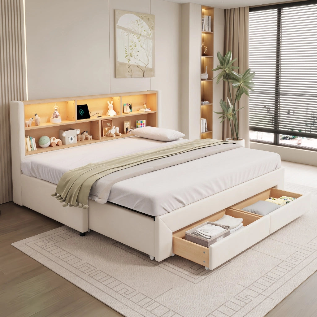 LETTO Estraibile 90x200 cm Velluto Beige con cassetti, USB e LED