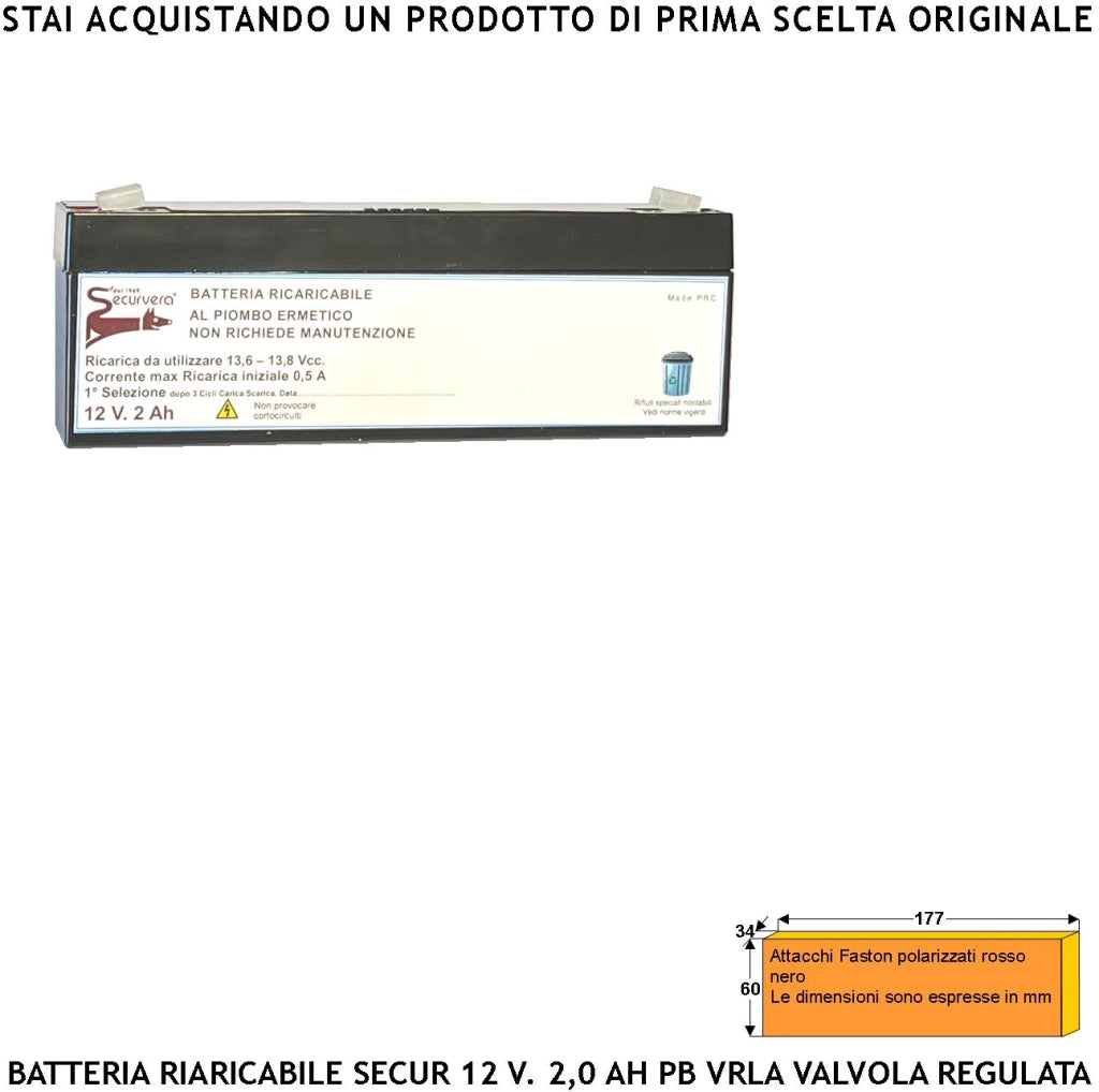 Batteria Piombo 12 V 2,0 Ah Ricaricabile Ermetica VRLA Regolata da Valvola Collegamento Tramite 2 Faston 5 mm Polarizzati Caricata 3 Cicli C/S Selezionata da Securvera Non Necessita di Manutenzione