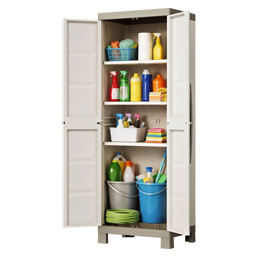 Armadio da esterno Strathmore, Mobile outdoor, Mobiletto giardino multiuso, Contenitore per balcone o garage, Made in Italy, 65x45 h182 cm, Sabbia