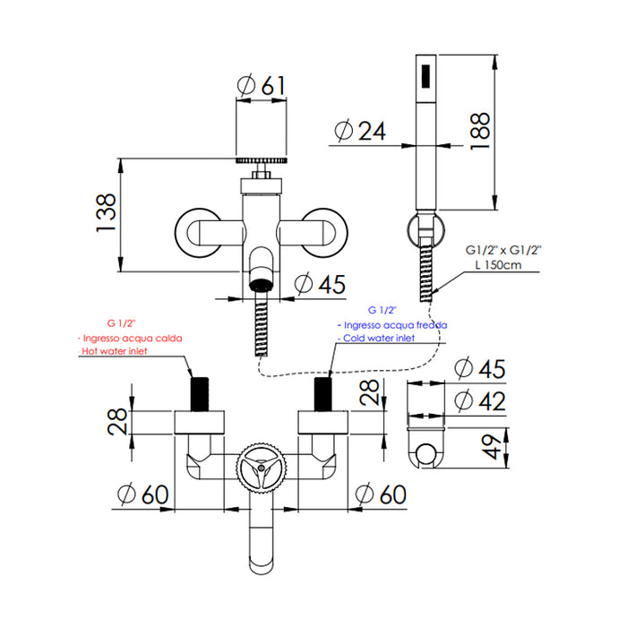 Miscelatore vasca esterno con flessibile cm 150 e doccetta a 1 funzione - serie Chrono