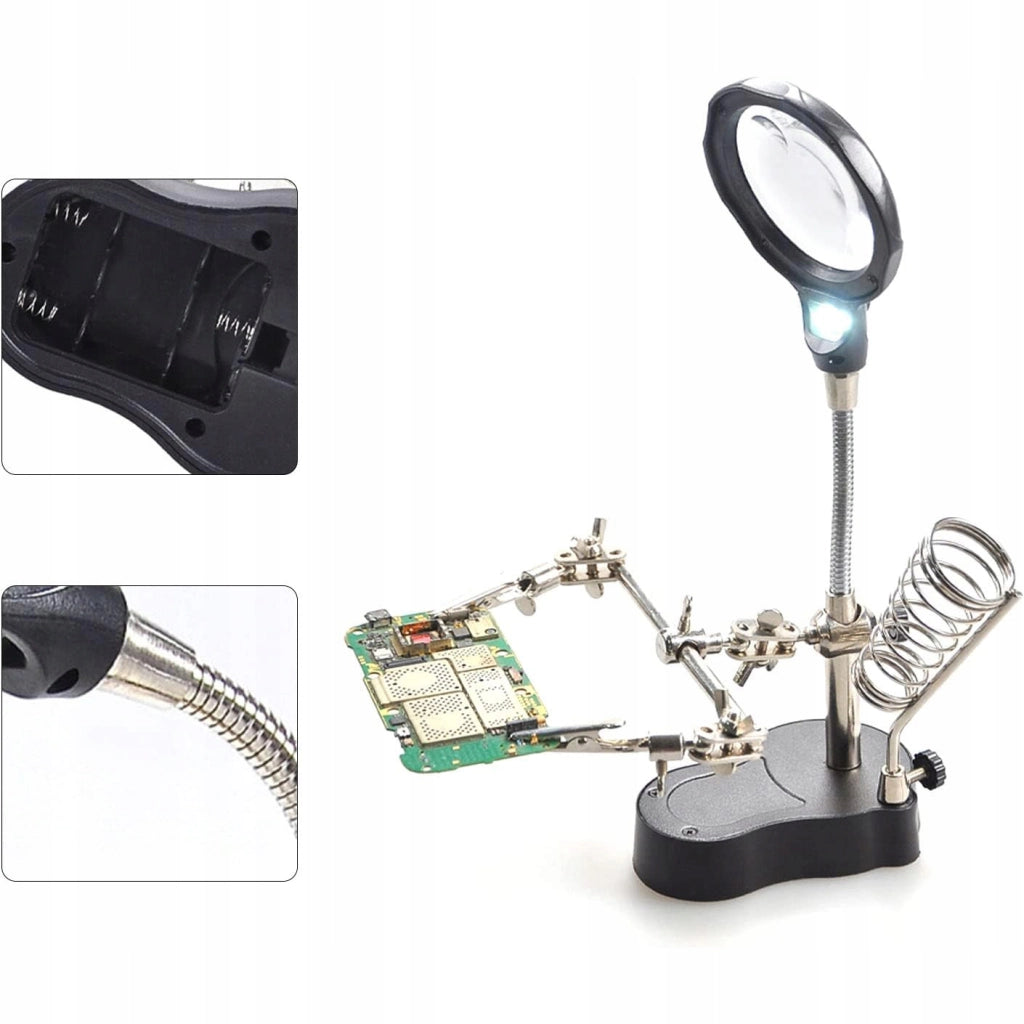 Supporto Terza Mano con Lente d'Ingrandimento TE-801 – Lente 3,5x e 12x | LED 2x | Base Stabile 10x6cm | Altezza 26cm