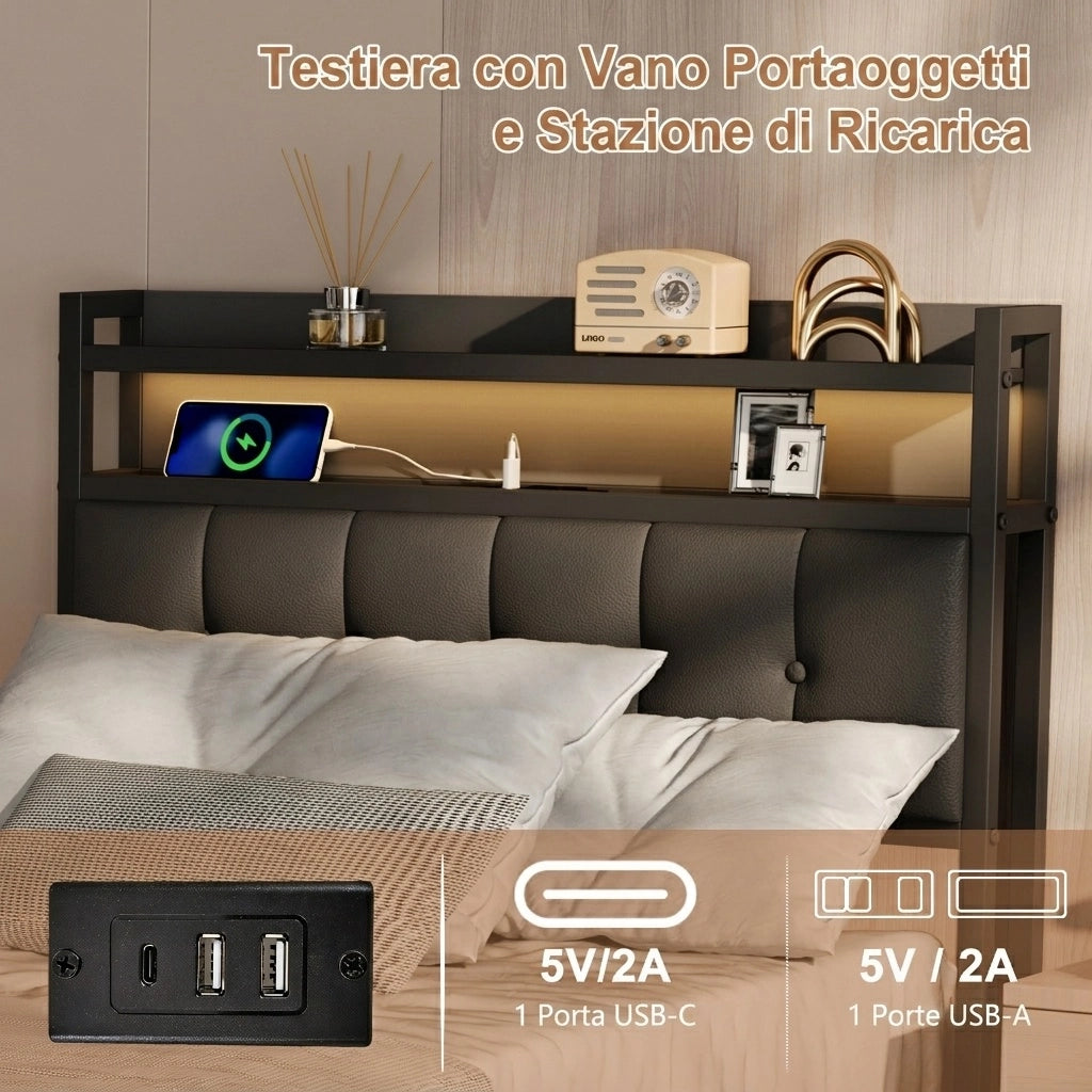 Letto singolo 90x200 cm con contenitore LED USB testiera struttura letto MDF e PU - nero