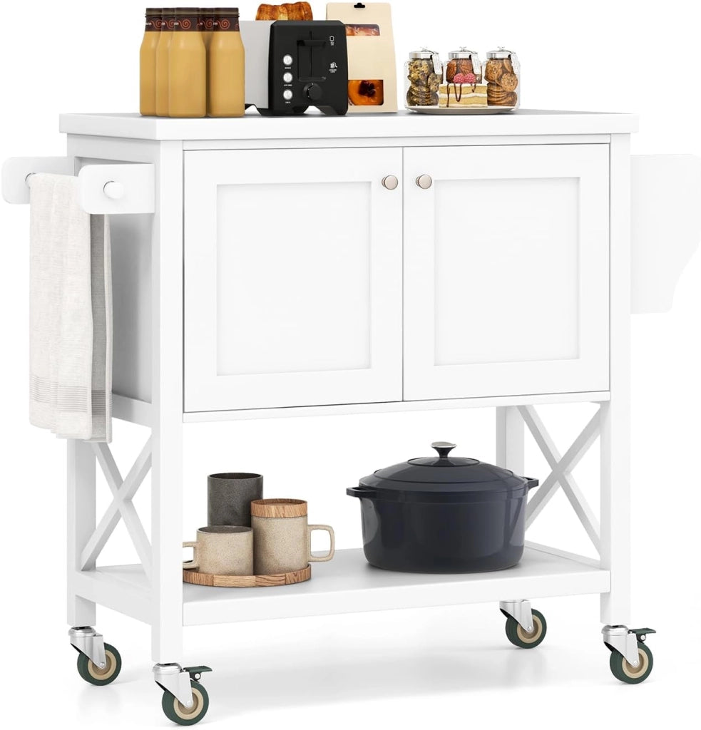 Carrello da Cucina Mobile con Piano di Lavoro, Armadio e Ripiani Aperti, Tavolo da Isola con Ruote Girevoli con Portasciugamani e Portaspezie per Bar, Sala da Pranzo, Bianco，38x100x87cm