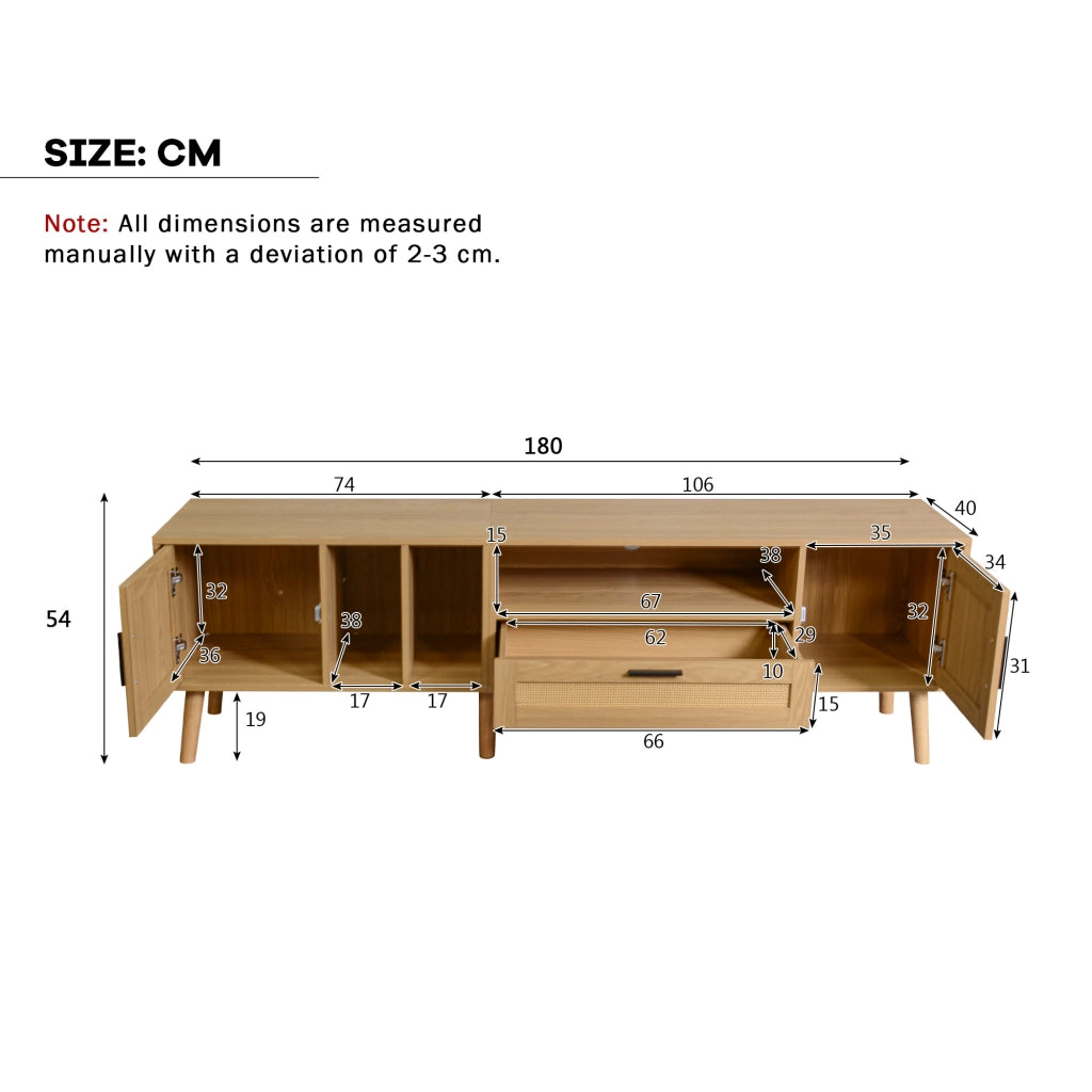 Mobile TV 180 cm in finitura legno con dettagli in rattan, 2 ante, 1 cassetto e gestione cavi per TV fino a 80 pollici