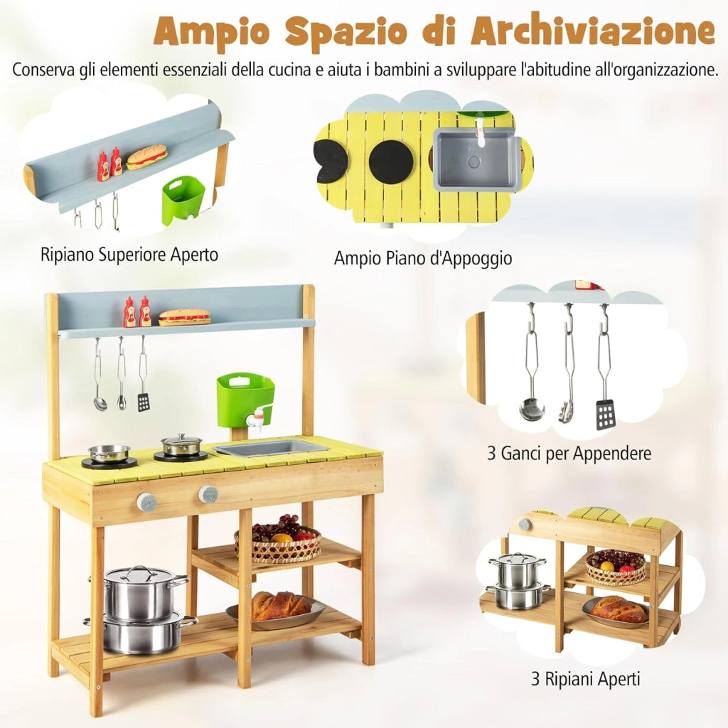 Cucina Giocattolo per Giardino in Legno di Abete, Cucina per Bambini con Serbatoio dell'Acqua e Lavello Rimovibili, 3 Ripiani Aperti, Funzione Suoni, per Bambini 3+ Anni (Naturale)