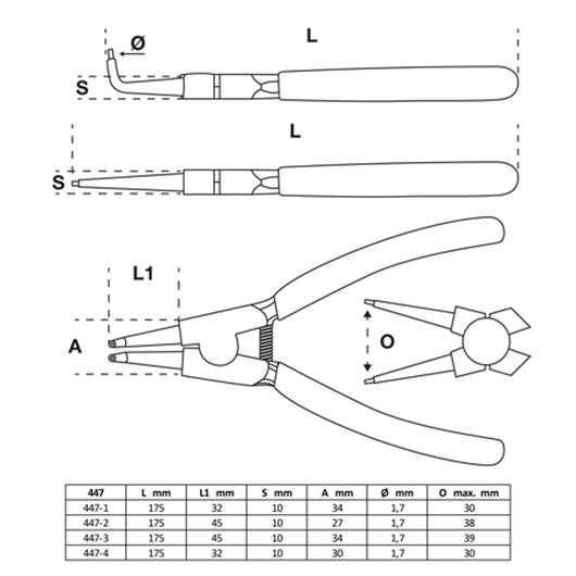 PINZE PER ANELLI ELASTICI SEEGER INTERNI ESTERNI SET 4pz 175mm Ø 2,0mm BGS447