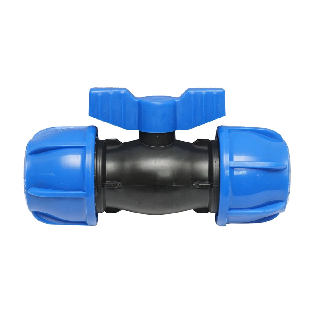 Rubinetto a sfera con giunto di compressione D40x40mm, PN16 per sistemi di irrigazione.