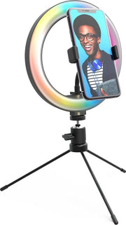 Faro LED a 10 pollici - 3 modalità di illuminazione - 15 colori - 10 livelli di luminosità - supporto smartphone - per make-up, YouTube, TikTok, Vlogging - DP-VRL10RGB nero