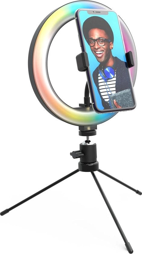 Faro LED a 10 pollici - 3 modalità di illuminazione - 15 colori - 10 livelli di luminosità - supporto smartphone - per make-up, YouTube, TikTok, Vlogging - DP-VRL10RGB nero