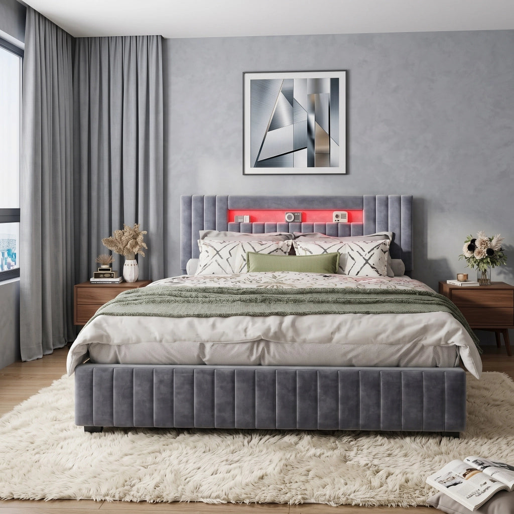 Letto matrimoniale contenitore 140x200 cm con testiera imbottita luce LED e rete a doghe struttura letto in velluto grigio