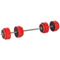 Set 2 in 1 Bilanciere e Manubri Pesi da 30kg, Dischi con Rivestimento in Plastica Antigraffio, Rosso e Nero