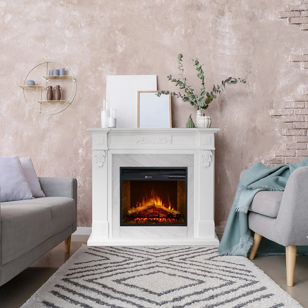Caminetto Prasco, Camino Elettrico Superficie Riscaldabile 30 m2, 121x38x108h cm Bianco