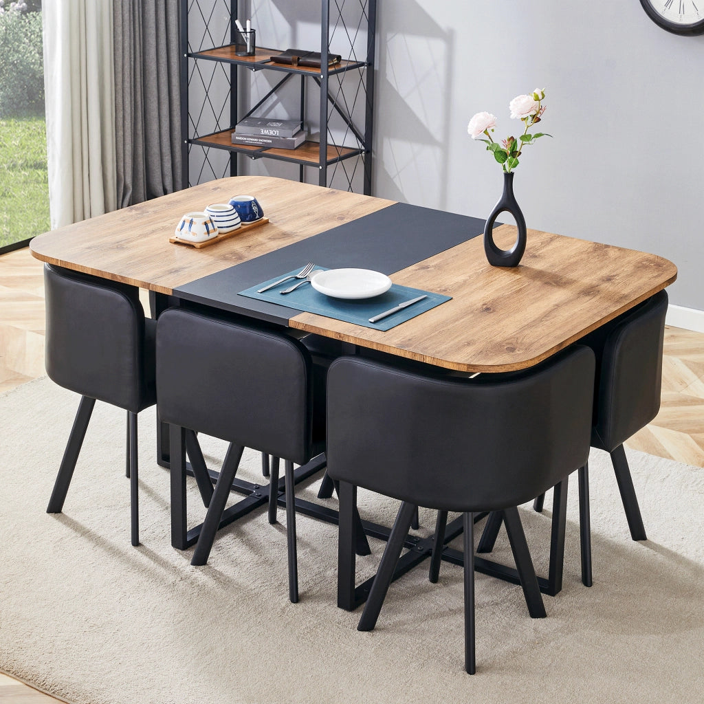 Tavolo da pranzo allungabile con sedie contenibili per 4 6 persone in MDF e metallo nero e effetto legno