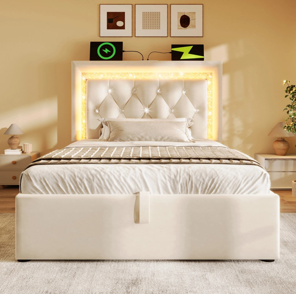 Letto imbottito 90x200 cm beige con LED, USB-C e contenitore