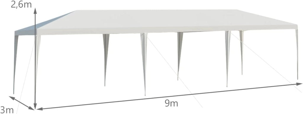 Tendone per Feste 3 x 9 M, Gazebo da Giardino con Struttura in Metallo, Impermeabile e Protezione UV, per Feste, Barbecue, Giardino e Spiaggia, Bianco