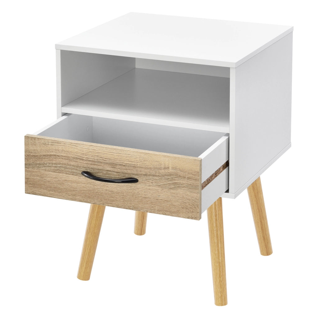 Comodino Gävle con Cassetto e Scomparto Aperto - Bianco / Effetto Rovere [en.casa]