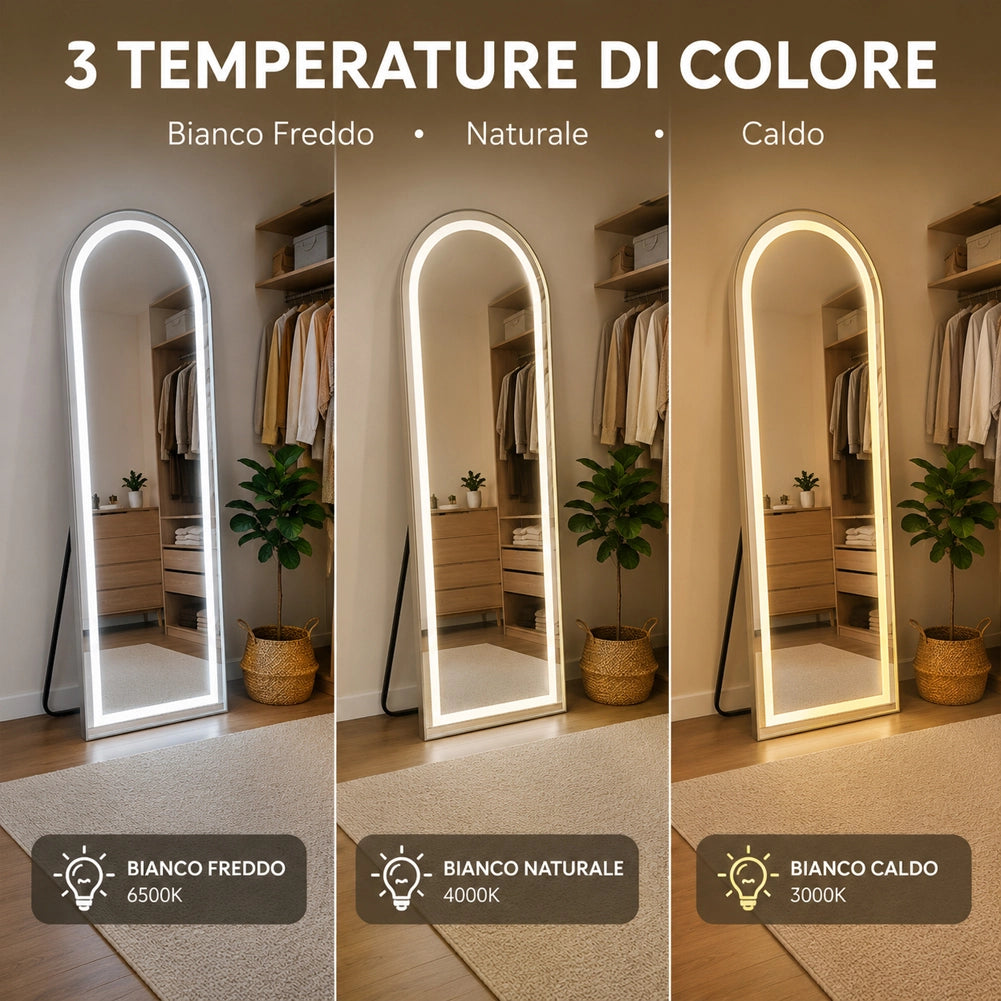 Specchio ad Arco 160x50 cm Figura Intera e LED a 3 Colori Dimmerabile in Alluminio