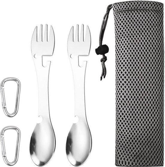 Set da viaggio 3 in 1 - 2 pezzi di forchetta in acciaio inossidabile con scatola - accessori multifunzionali per campeggio - forchetta da picnic