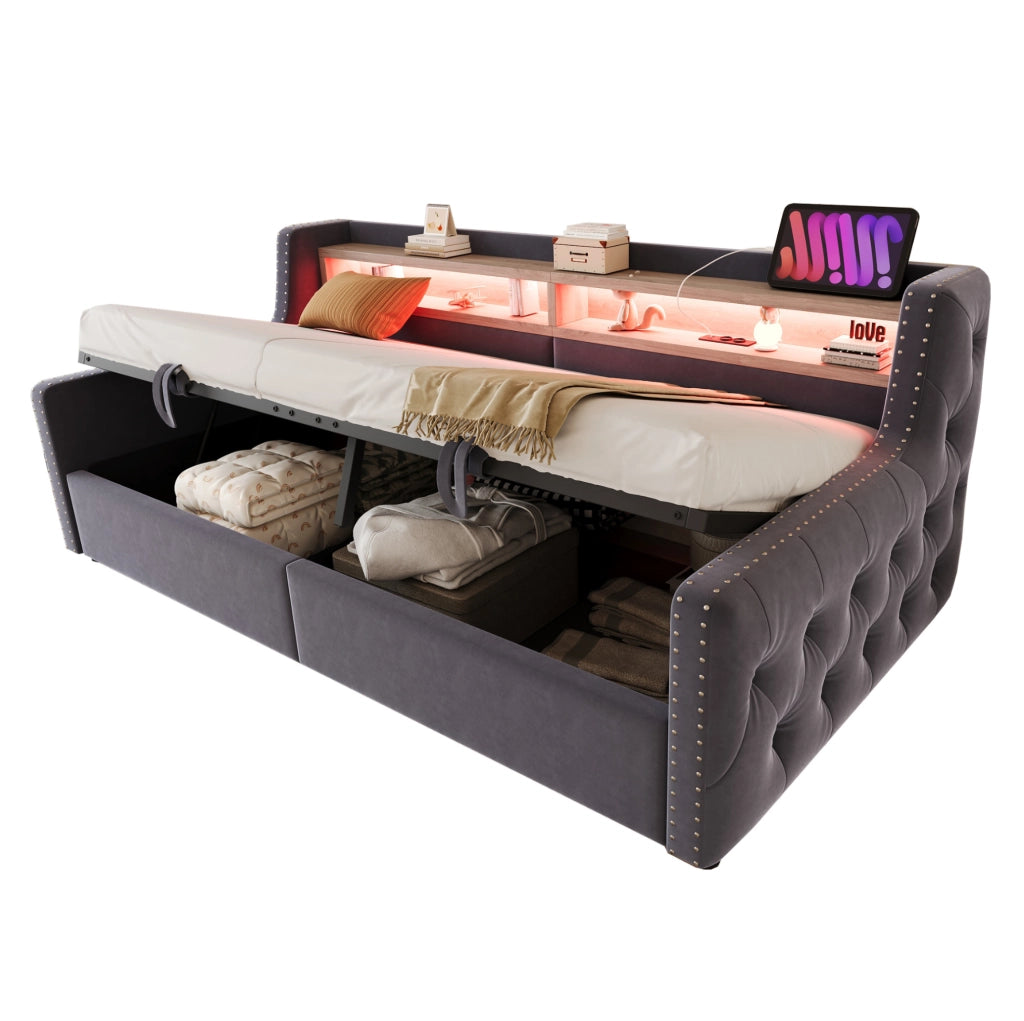 Divano letto imbottito 90x200 cm con contenitore, LED, prese USB/Type-C
