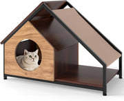 Casetta per Gatti da Interno, Cuccia per Gatti in Legno con Veranda, Tetto Inclinato Staccabile e Struttura in Metallo, Villa Industriale per Gattini, 84 x 43 x 58,5 cm